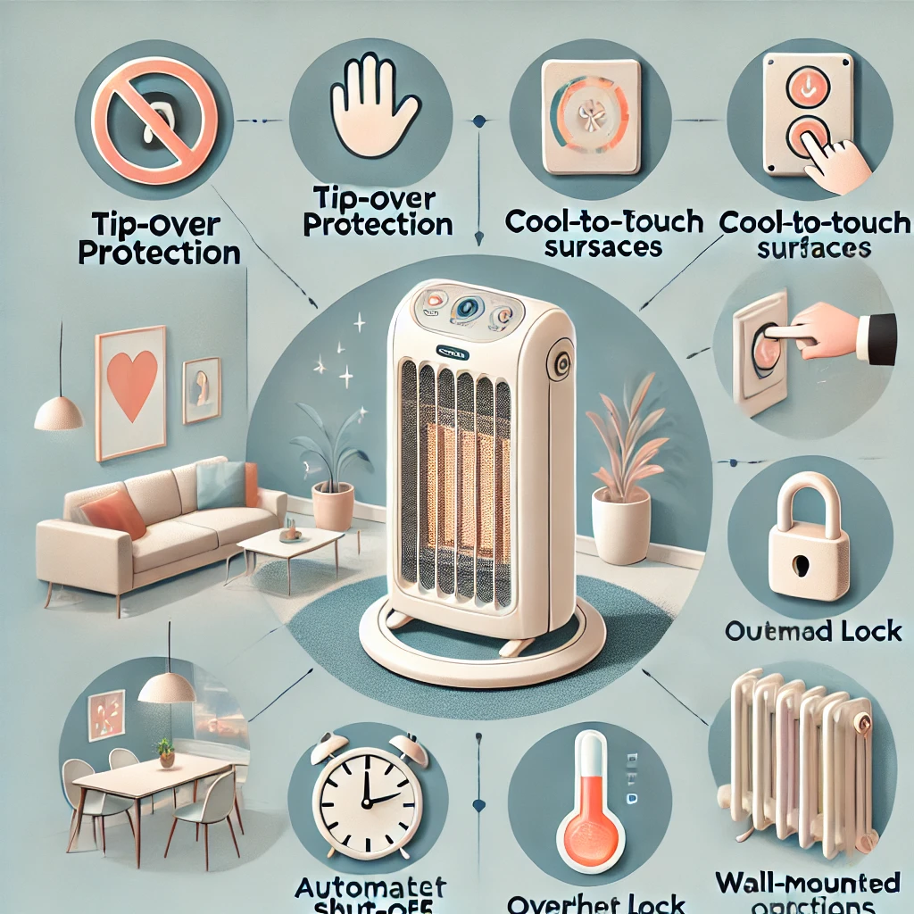 Infografica educativa che mostra sei caratteristiche di sicurezza dei riscaldatori sicuri per bambini, tra cui protezione contro il ribaltamento, superfici fredde al tatto, spegnimento automatico, blocco di sicurezza per bambini, protezione contro il surriscaldamento e opzioni a parete, con etichette numerate per maggiore chiarezza.